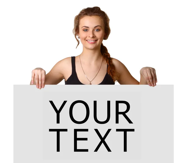 Pretty young woman holding blank banner — Stock Photo, Image