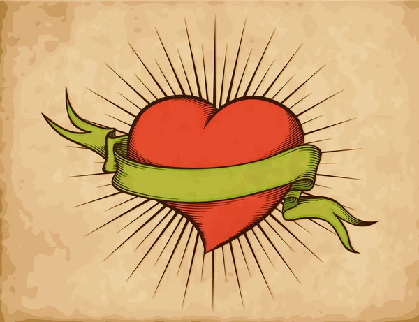 Coeur avec ruban en style tatouage sur vieux papier . — Image vectorielle