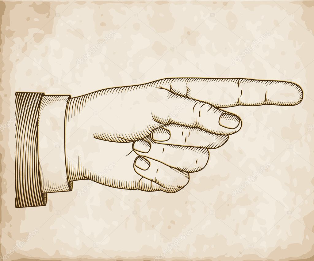 Hand with pointing finger on old paper. Vector EPS 10