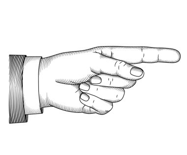 Hand with pointing finger. Woodcut illustration