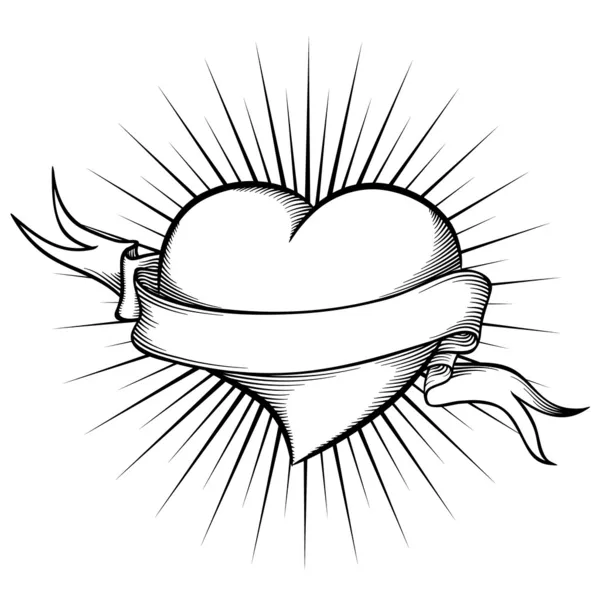 Cuore con nastro in stile tatuaggio. Illustrazione vettoriale — Vettoriale Stock