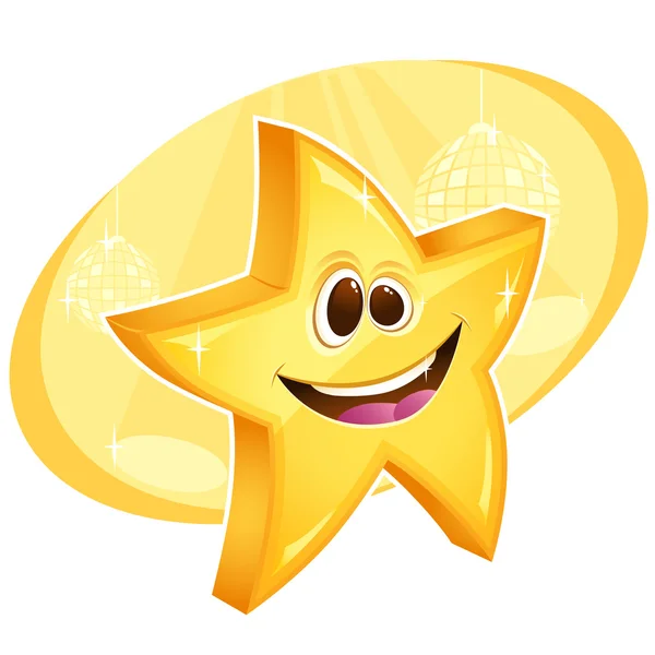 Λαμπερό αστέρι χαμογελώντας με μπάλες ντίσκο σε φόντο — Διανυσματικό Αρχείο