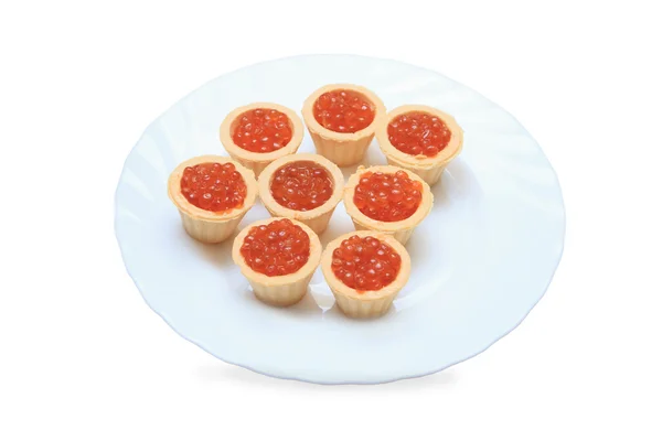 stock image Tartlet with red Caviar on white plate