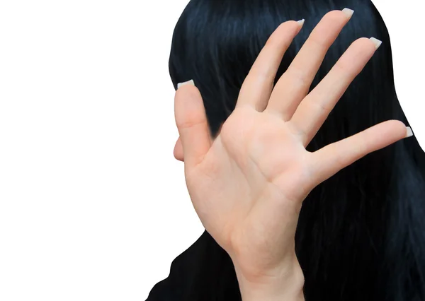 Helder beeld van jonge vrouw stop gebaar maken — Stockfoto