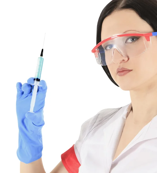 Ženský lékař, nosit ochranné brýle s injekční stříkačkou — Stock fotografie