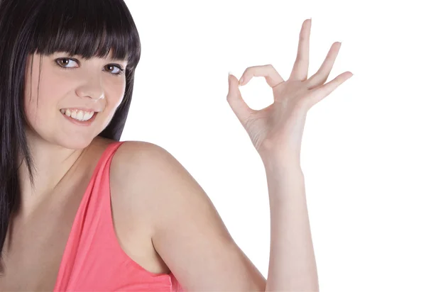 Bright picture of lovely brunette showing ok sign — Stock Photo, Image
