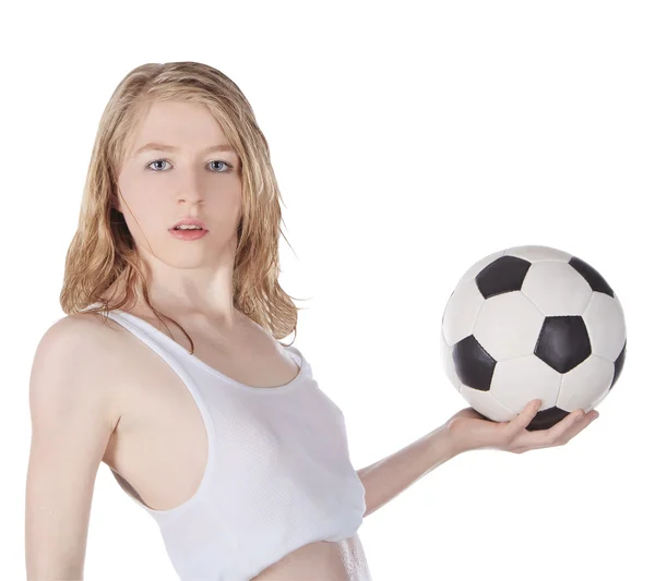 Belle femme avec des ballons de football — Photo