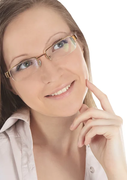 Porträtt av ung vacker kvinna i glasögon över vita — Stockfoto