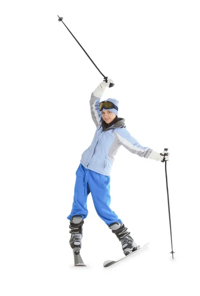 Женщина с лыжами на белом фоне — стоковое фото
