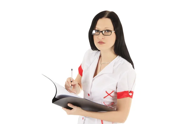 Vrouwelijke arts in glazen met Klembord — Stockfoto