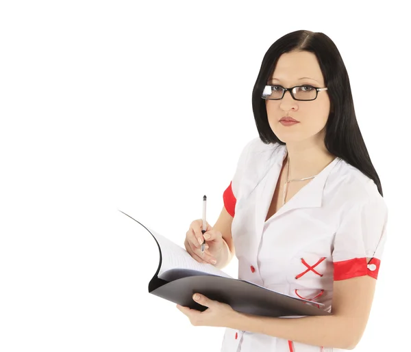 Vrouwelijke arts in glazen met Klembord — Stockfoto
