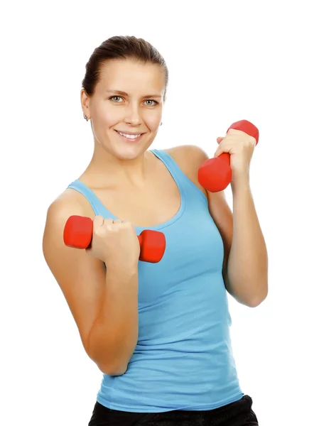 Pretty girl with barbells — Stock Photo, Image