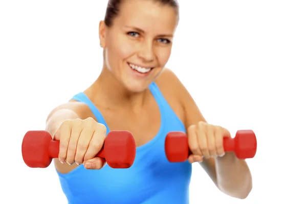Smiling woman with barbells — Stock Photo, Image