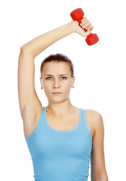 Pretty woman with red barbell — Stock Photo, Image