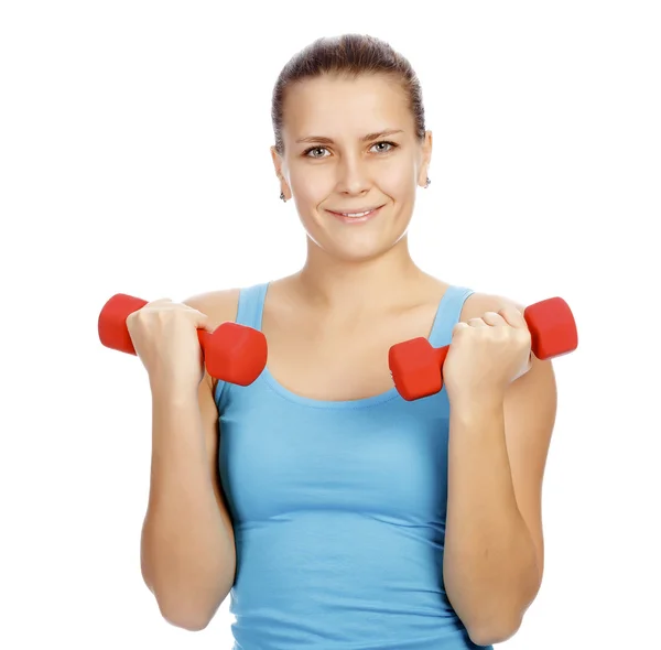 Pretty woman with red barbells — Stock Photo, Image