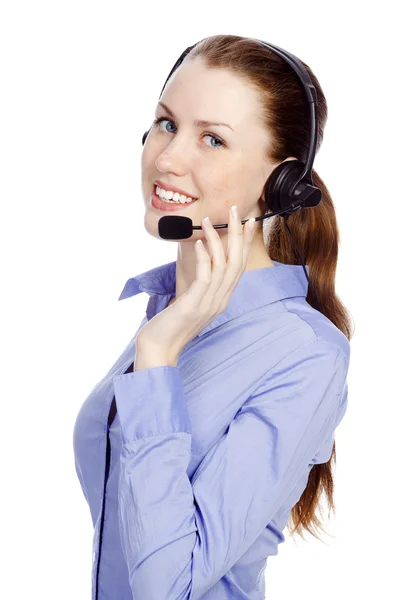 Suporte a operadora de telefone em fone de ouvido, isolado em branco — Fotografia de Stock