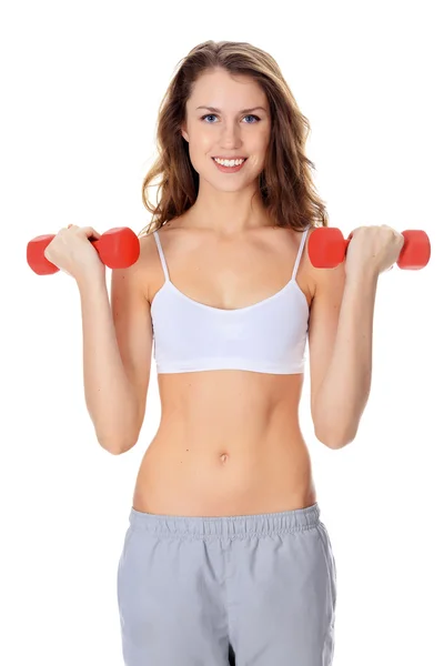 Pretty girl with red barbells — Stock Photo, Image