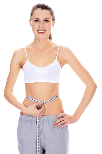 Mulher bonita com corpo perfeito medir a cintura — Fotografia de Stock