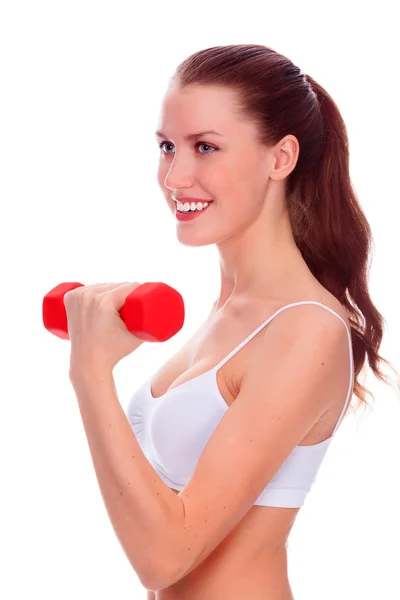Smiling woman with barbells — Stock Photo, Image