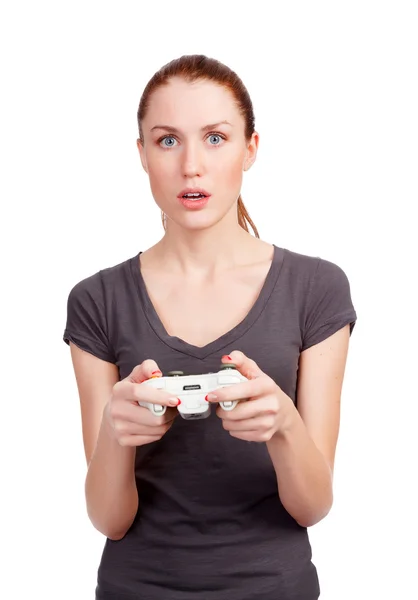 Pretty girl with gamepad playing — Stock Photo, Image