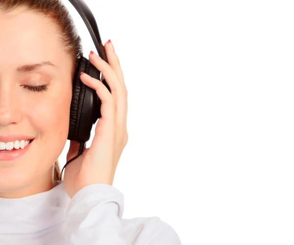 Closeup portrait of pretty young girl listening music. — Stock Photo, Image