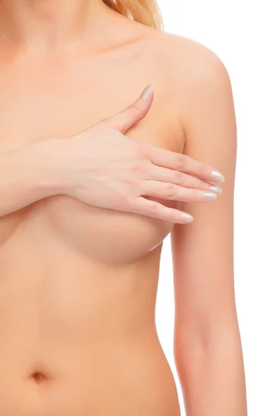 Vrouw behandeling van borst, geïsoleerd op witmujer examen de mama, aislado en blanco — Stockfoto