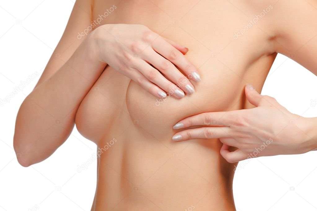 Female controlling breast for cancer, isolated on white backgrou