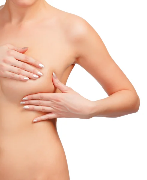 Рак молочної залози, жінка торкається її грудей, ізольовані на білому спині — стокове фото