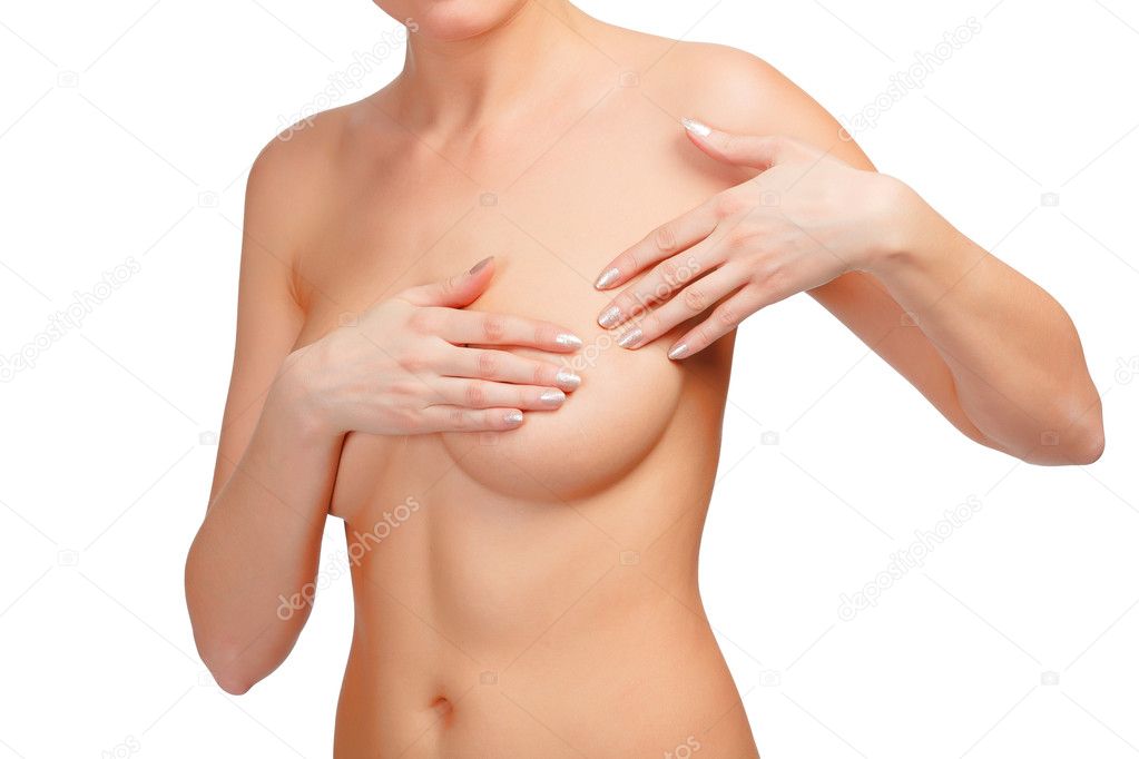 Breast cancer, woman touching her breasts