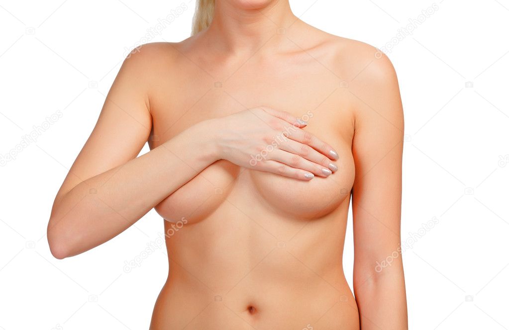 Breast cancer, woman touching her breasts, isolated on white bac
