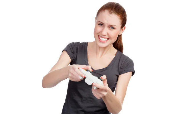 Emocjonalne kobieta graczy z kontrolera gier — Zdjęcie stockowe