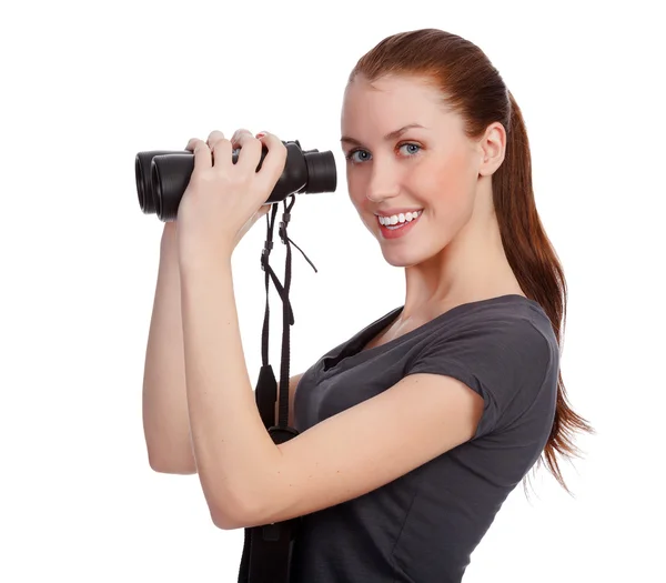 Usměvavá dívka s dalekohledem — Stock fotografie