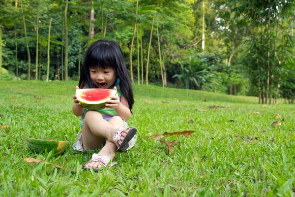 Glückliches Kind mit Wassermelone — Stockfoto