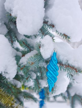 Fir tree branch decorated with christmas toys