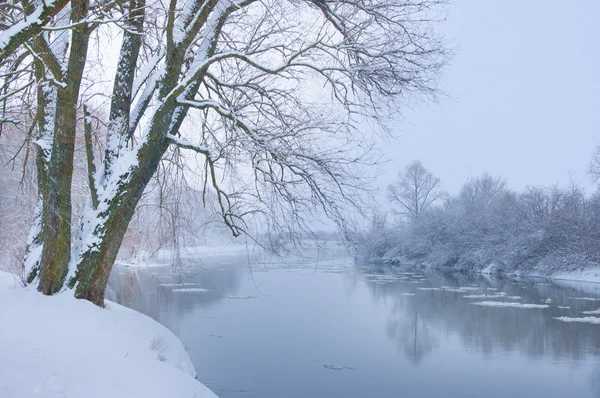 Winter river when it is snowing — Stock Photo, Image