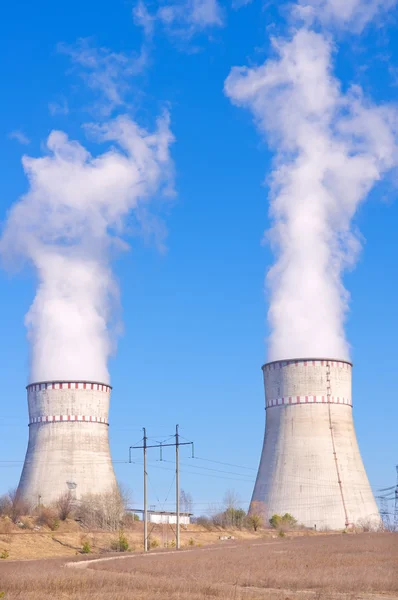 stock image Nuclear power plant and high-voltage transmission line