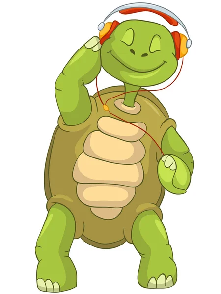 Grappige schildpad luisteren naar muziek. — Stockvector