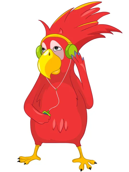 Funny Parrot Listening to Music. — Stock Vector