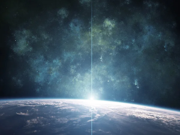 Modrá mlhovina s planetou a vycházející slunce — Stock fotografie