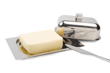 Butter on silver butter dish, knife, isolated clipart