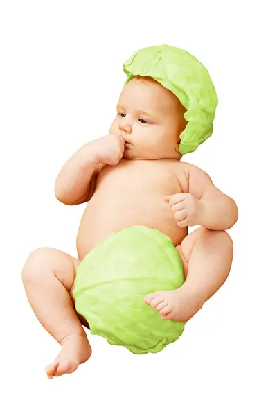 キャベツの葉 - 分離の新生児の赤ちゃん — ストック写真
