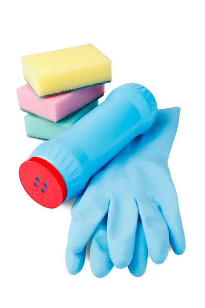 Sada čištění, gumové rukavice, plastová láhev, houba — Stock fotografie