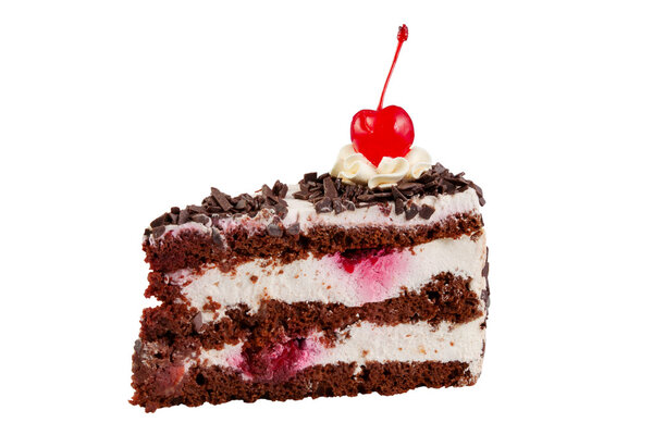 Шоколадный торт с вишней и сливками, десерт, изолированный на белом
