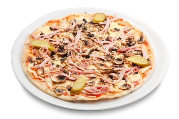Pizza mantar, jambon, peynir, turşu ile — Stok fotoğraf