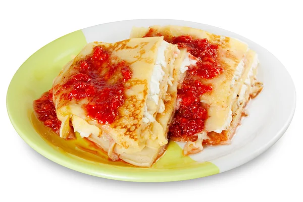 Panqueque con queso y mermelada de frambuesa —  Fotos de Stock