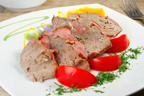 Tasty meal: fresh pate from meat with bacon — Stock Photo, Image
