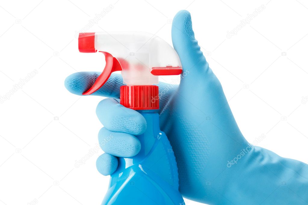 Blue gloved hand with cleaning spray bottle
