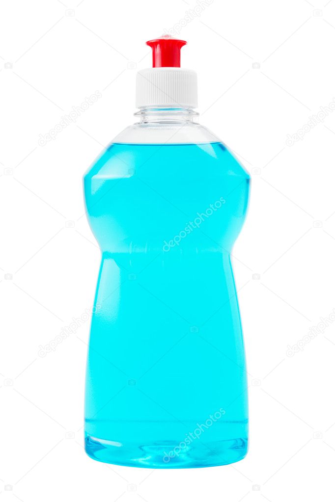 Bottle of blue dish washing liquid isolated