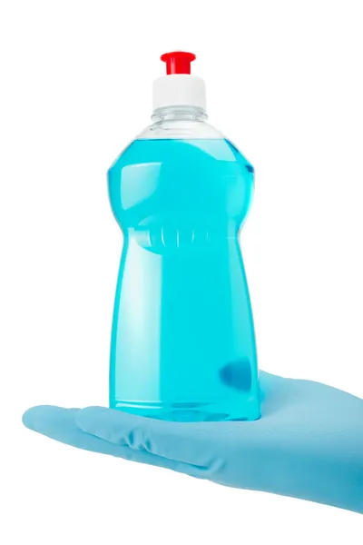 手中拿着的蓝盘洗涤液瓶的手套 — 图库照片