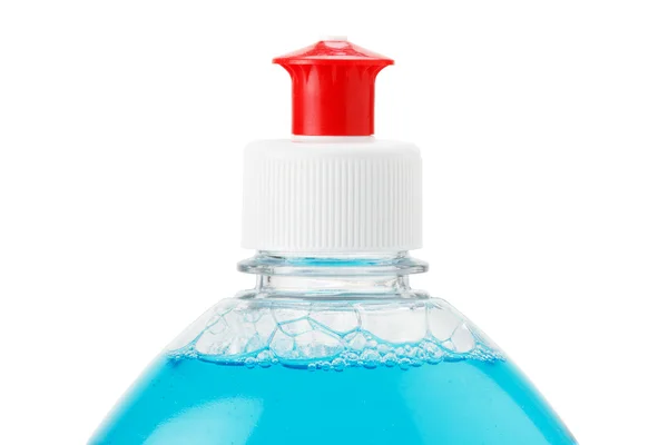瓶蓝色透明道菜的洗涤液，关闭 — 图库照片
